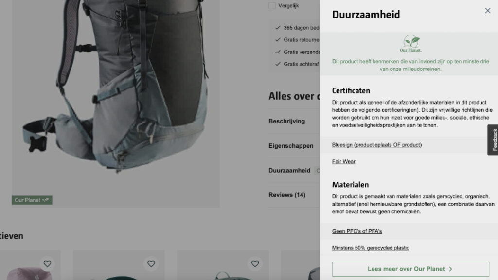 Bever legt hun duurzame kenmerk Our Planet direct uit zodat je niet hoeft te zoeken.