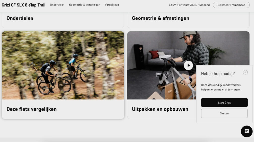 Canyon faciliteert direct een chat functie om vragen te stellen